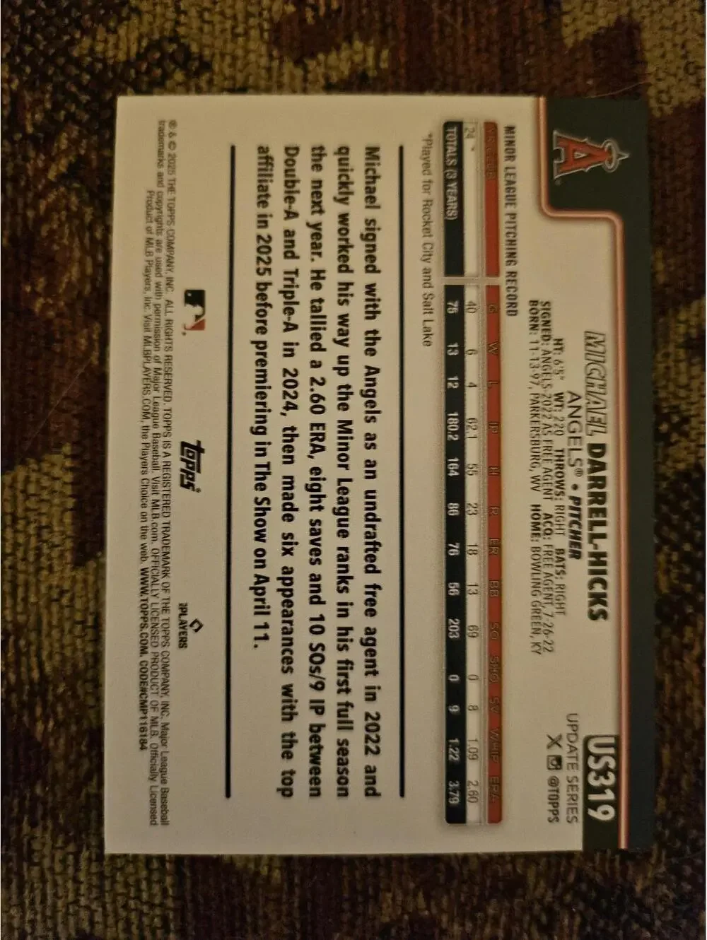 Michael Darrell-Hicks (RC) 2025 Topps Update  #US319 - Angels - RAW Mint
